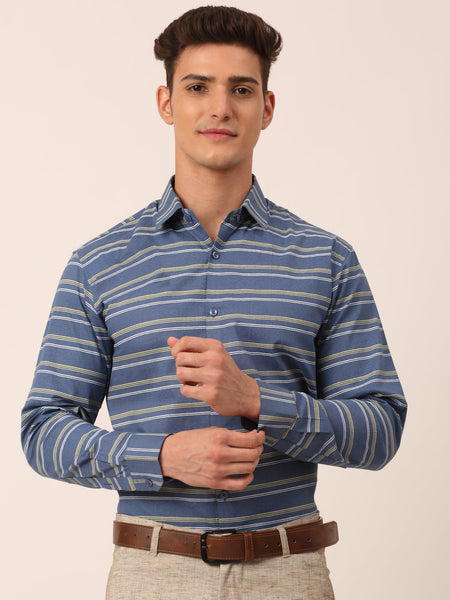Jainish Men's Cotton Striped Formal Shirts ( SF 820Blue )