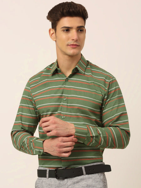Jainish Men's Cotton Striped Formal Shirts ( SF 820Olive )