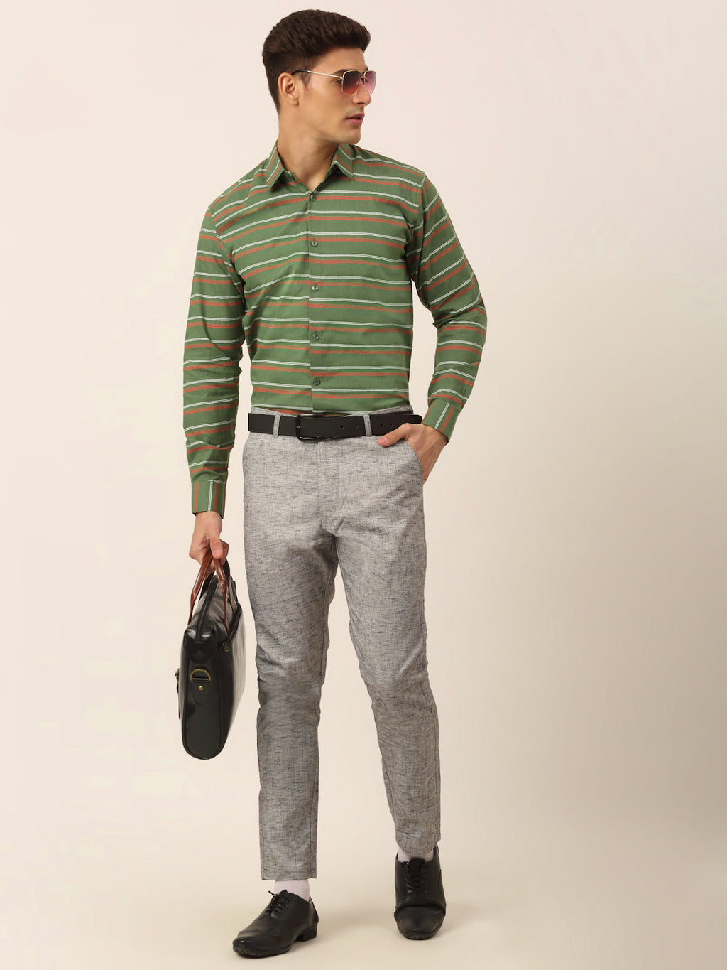 Jainish Men's Cotton Striped Formal Shirts ( SF 820Olive ) - Distacart