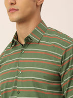 Jainish Men's Cotton Striped Formal Shirts ( SF 820Olive ) - Distacart