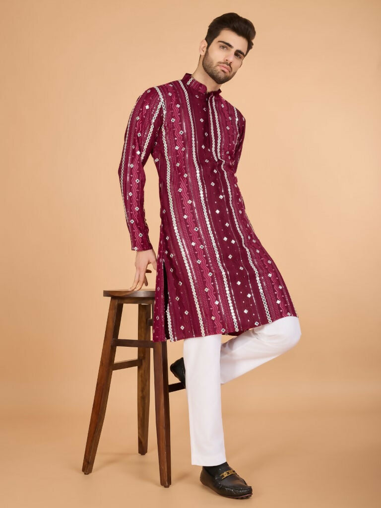 Vastranavya Maroon Exclusive Festival Wear Pure Viscose Rayon Sequence & Foil Mirror Heavy Embroidered Work Kurta