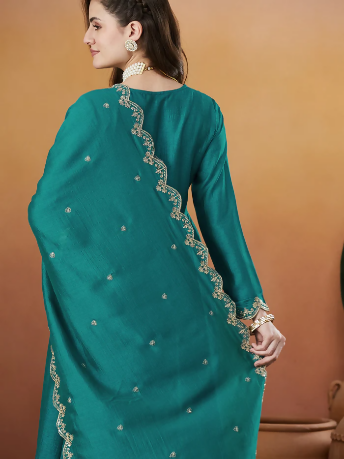 The52 Rama Women's Beautiful Vichitra Silk Fabric Embroidered Work Flared Anarkali Pant and Dupatta Set - Distacart