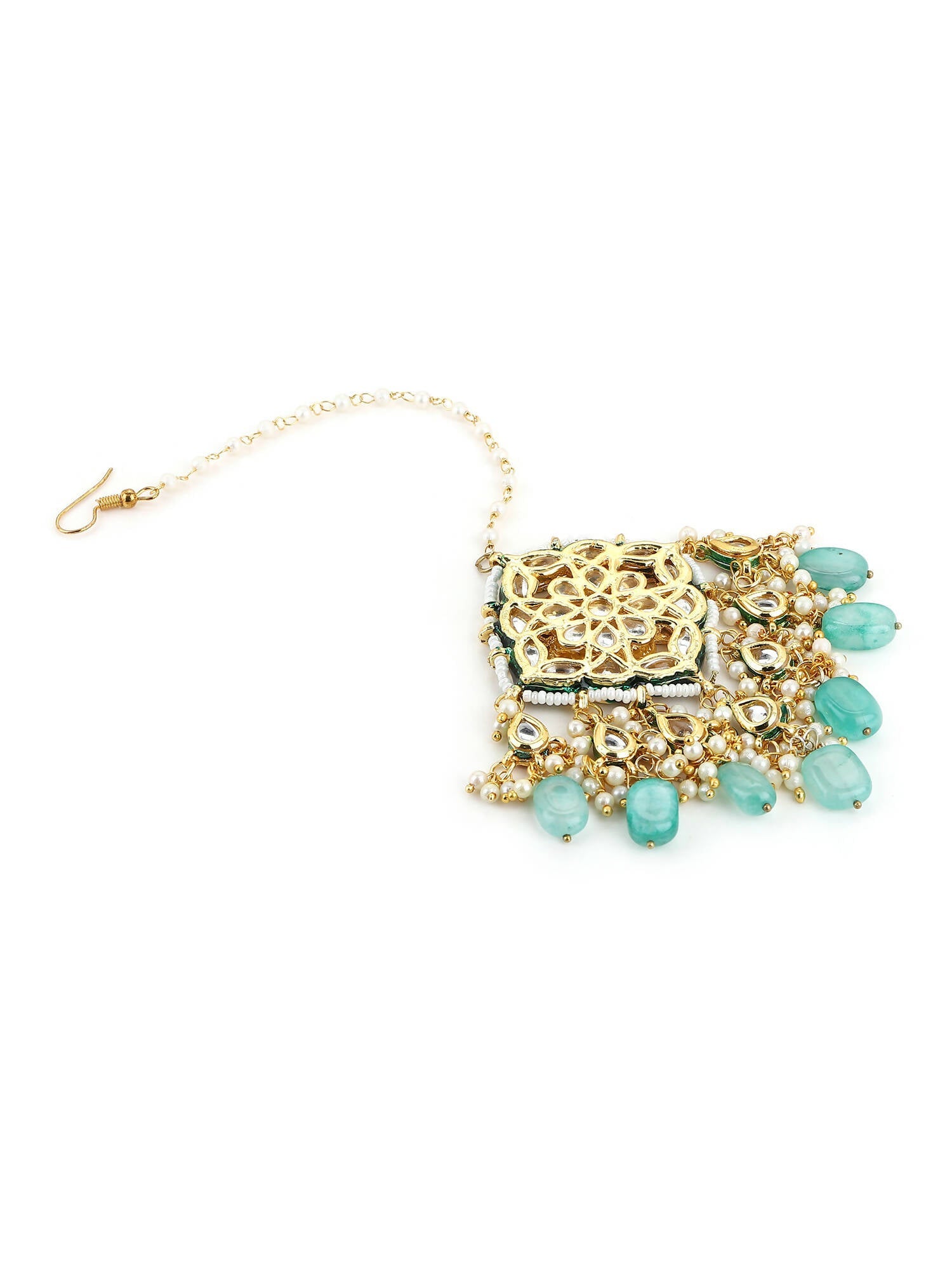 White Blue Gold-Plated Kundan-Studded Beaded Maang Tikka - Ruby Raang - Distacart