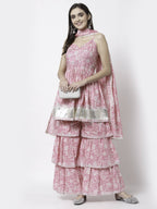 Myshka Women Pink Pure Cotton Printed Sleeveless Round Neck Kurta With Sharara & Dupatta Set