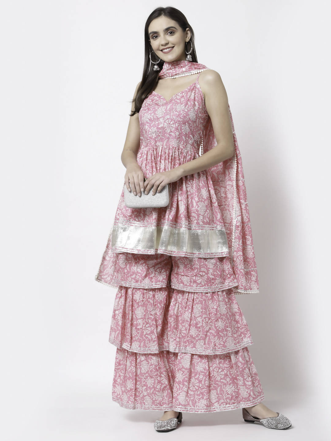 Myshka Women Pink Pure Cotton Printed Sleeveless Round Neck Kurta With Sharara & Dupatta Set