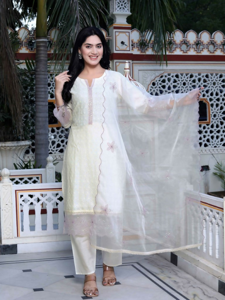 Miravan Women's Organza Cotton Chikankari Embroidered With Purple Sequence work Jaipuri Suit Set