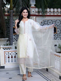 Miravan Women's Organza Cotton Chikankari Embroidered With Purple Sequence work Jaipuri Suit Set