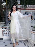Miravan Women's Organza Cotton Chikankari Embroidered With Purple Sequence work Jaipuri Suit Set