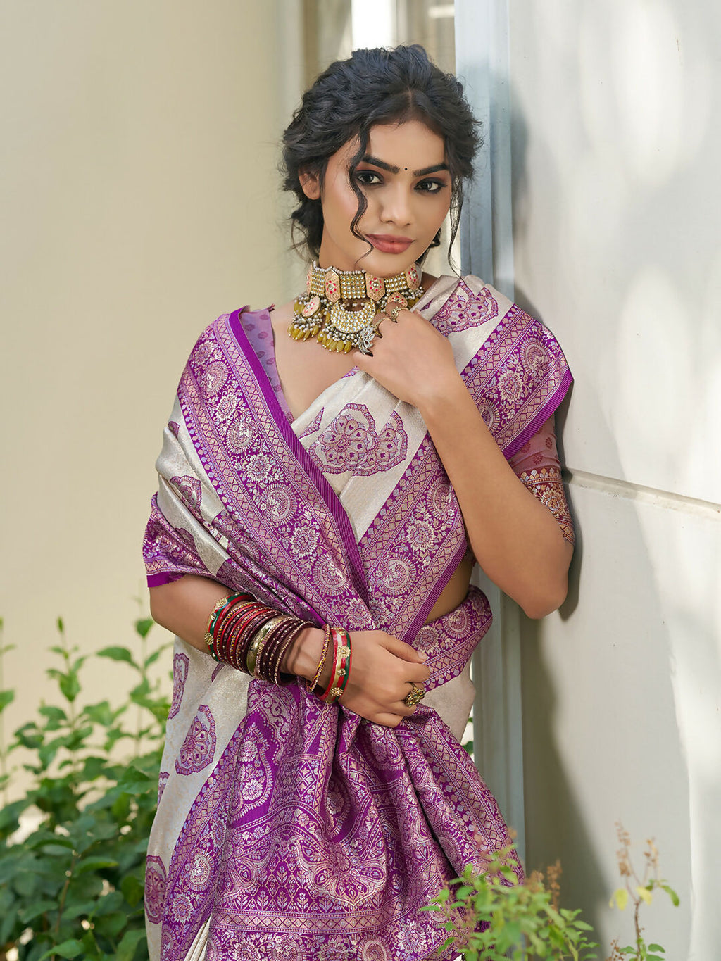 Shree Shyam Fashion Cream With Purple Silk Blend Saree - Distacart