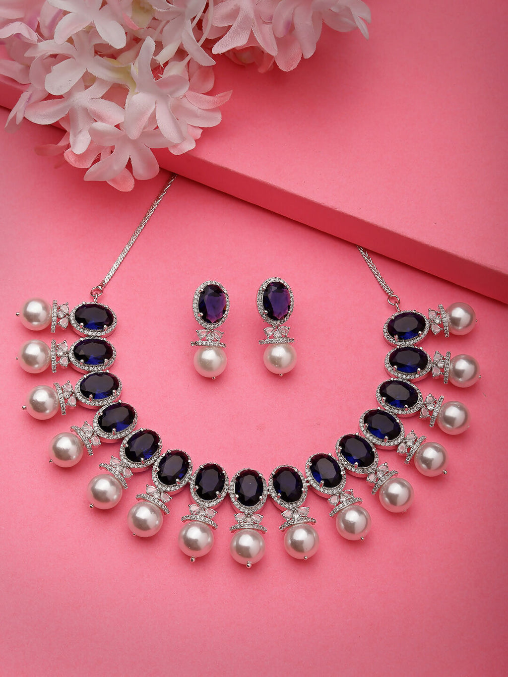 NVR Women's Silver-Plated Blue American Diamond Studded Handcrafted Jewellery Set