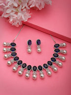 NVR Women's Silver-Plated Blue American Diamond Studded Handcrafted Jewellery Set