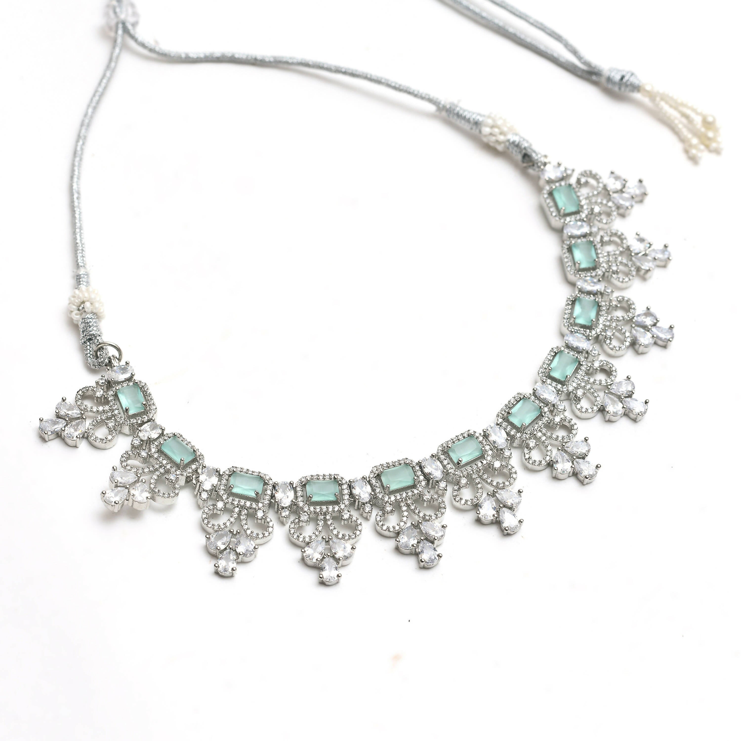 Mominos Fashion Johar Kamal Silver-Plated American Diamond Pista Green Choker Set - Distacart