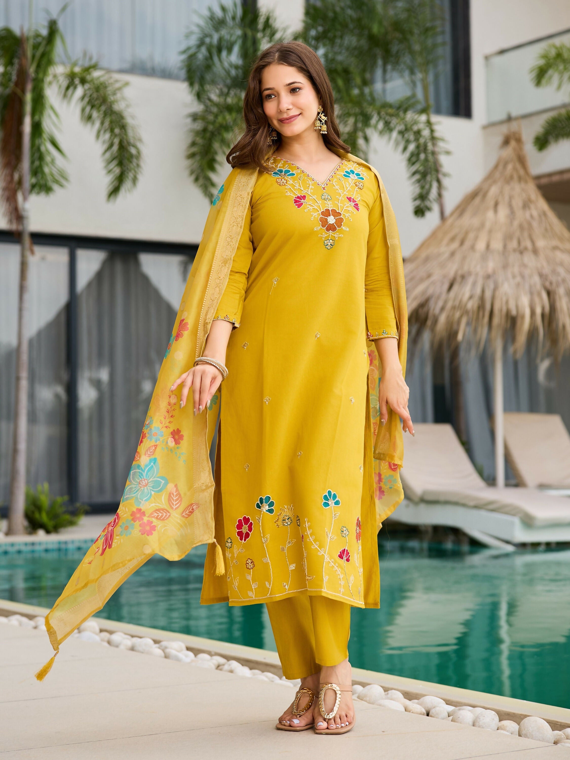The52 Yellow Women's Gorgeous Embroidered work Viscose Gadhwal Fabric Straight Kurta, Pant and Dupatta Set - Distacart