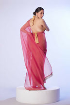 Rust Satin Gold Organza Solid Designer & Lace Work Saree - Samaa