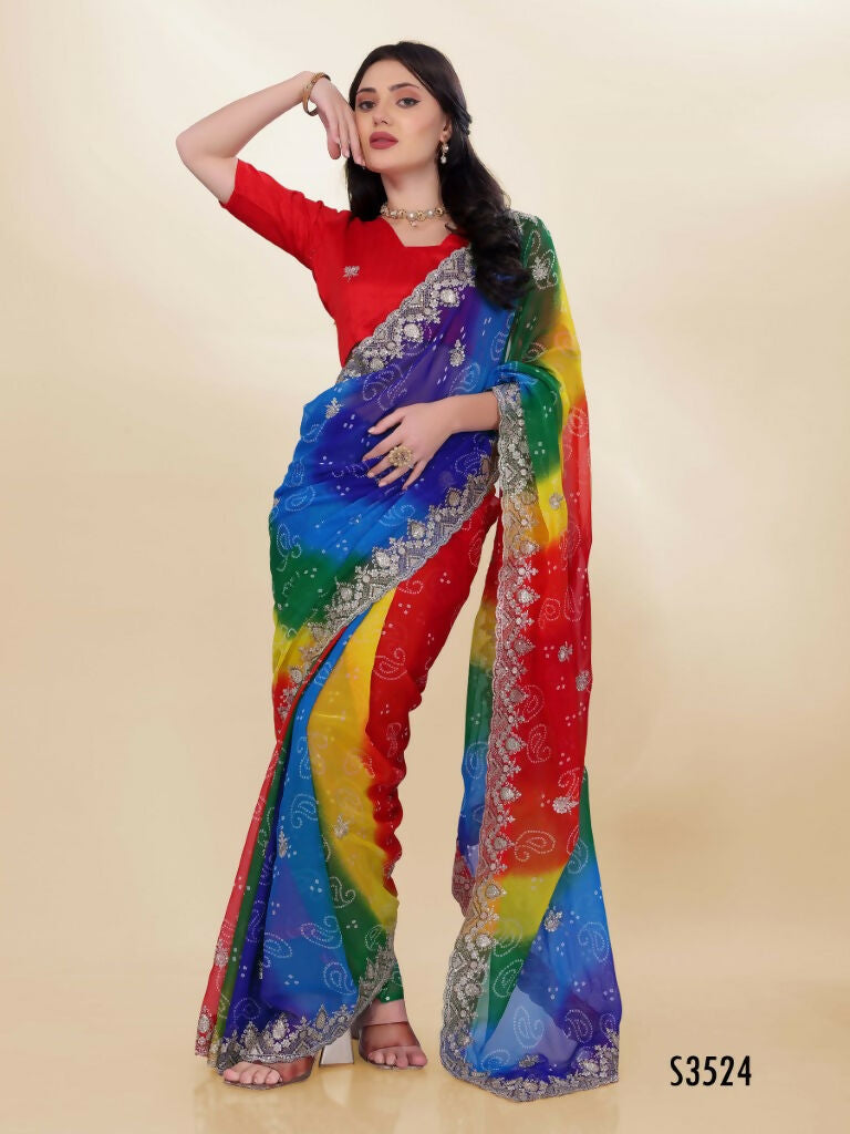 Blue Georgette Bandhani Printed,Embroidery Work Saree - Bandhan