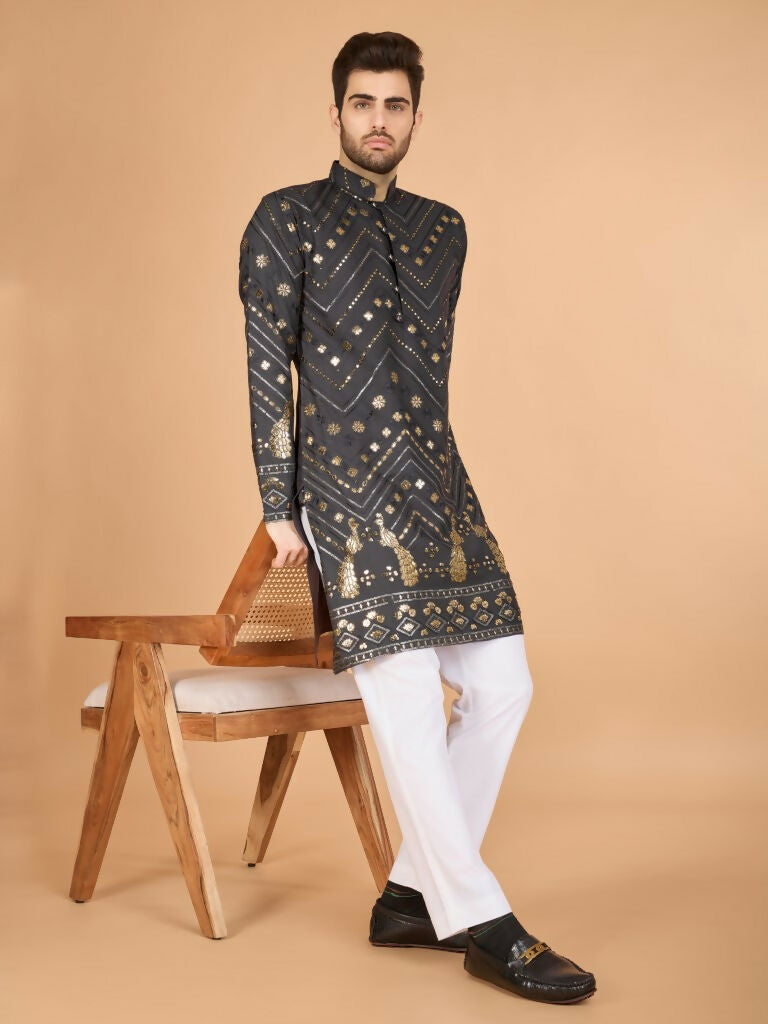 Vastranavya Slate Grey Exclusive Festival Wear Pure Viscose Rayon Embroidered Sequence Work Kurta