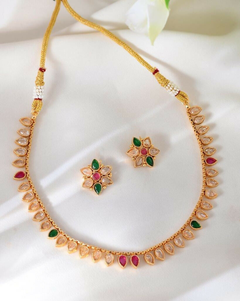 VOJ Gold Tone Stone Studded Drop Shaped Jewellery Set