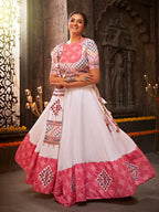 Myra White and Pink Jaquard Cotton Embroidered Designer Lehenga