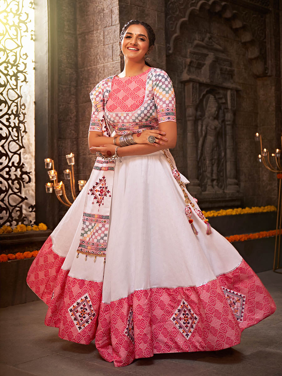 Myra White and Pink Jaquard Cotton Embroidered Designer Lehenga