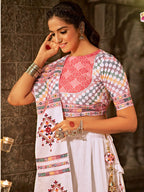 Myra White and Pink Jaquard Cotton Embroidered Designer Lehenga
