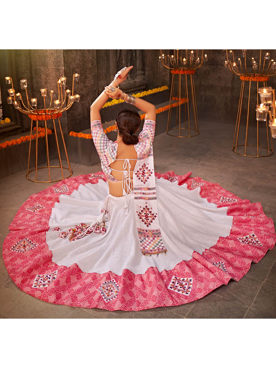 Myra White and Pink Jaquard Cotton Embroidered Designer Lehenga