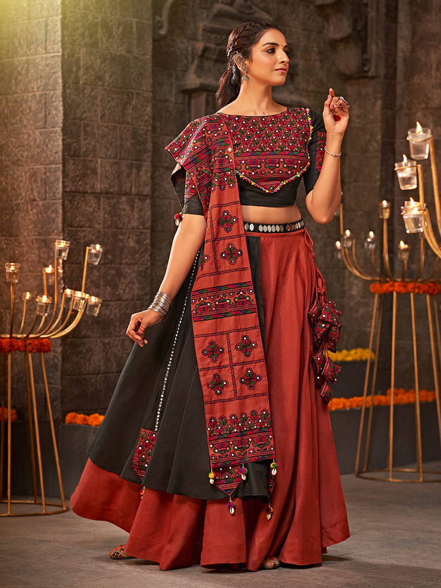 Myra Orange Cotton Embroidered Designer Navratri Special Lehenga