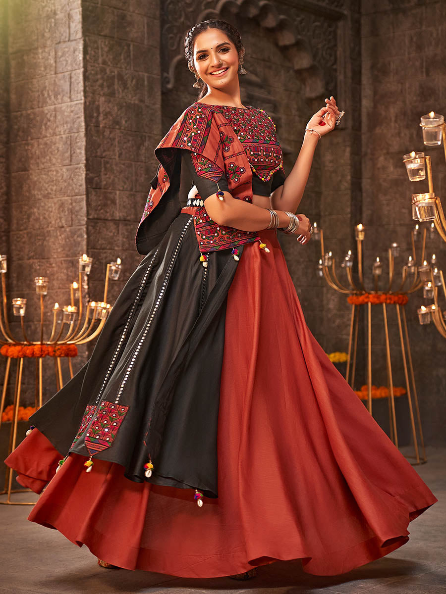 Myra Orange Cotton Embroidered Designer Navratri Special Lehenga