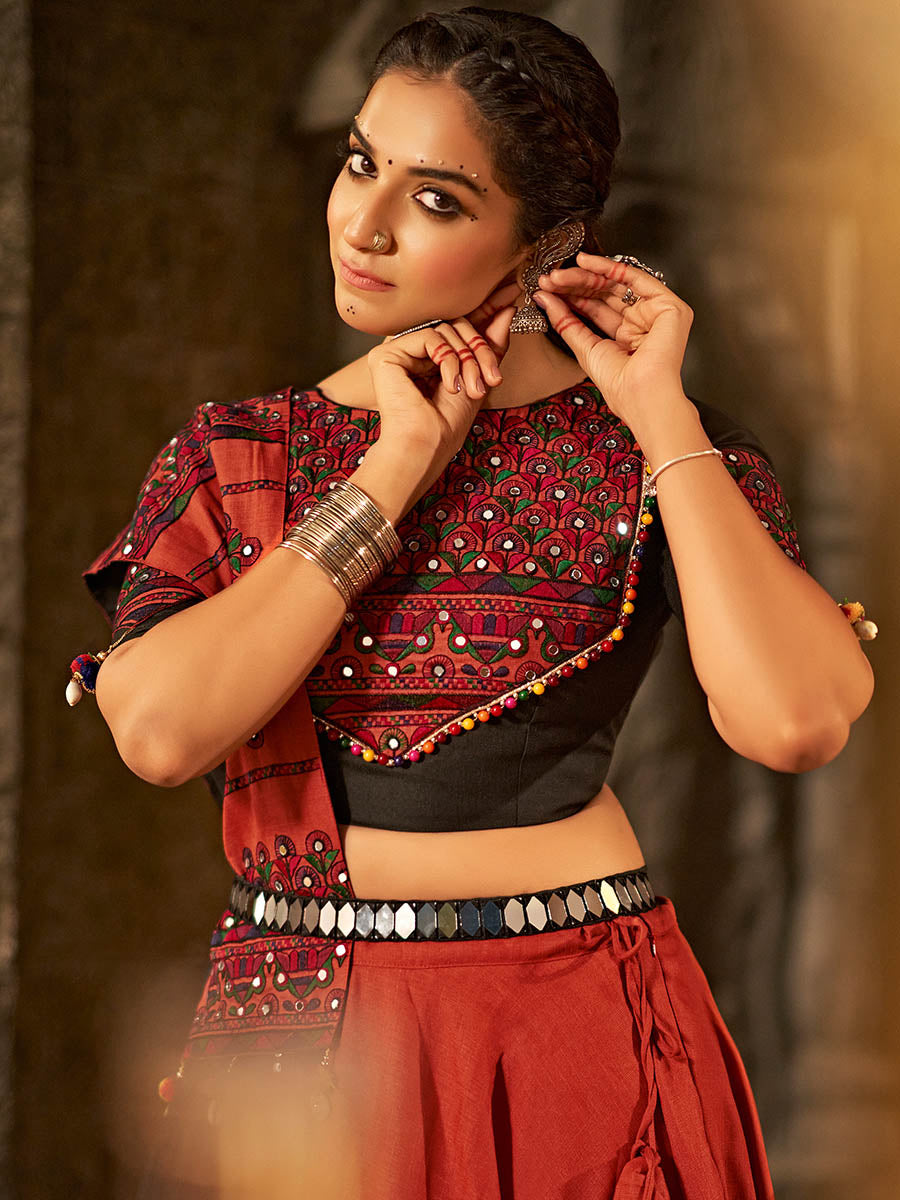 Myra Orange Cotton Embroidered Designer Navratri Special Lehenga