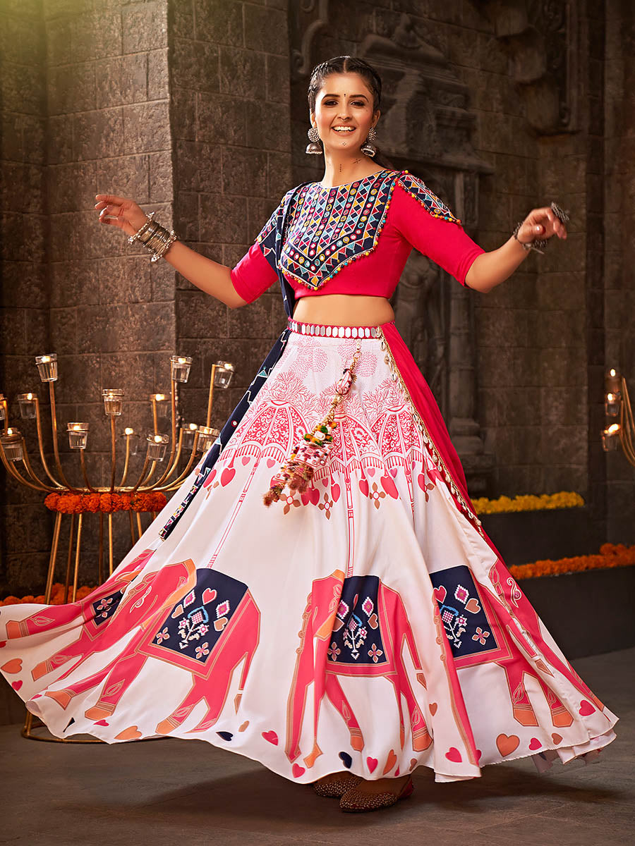 Myra White Rayon Embroidered Designer Navratri Special Lehenga