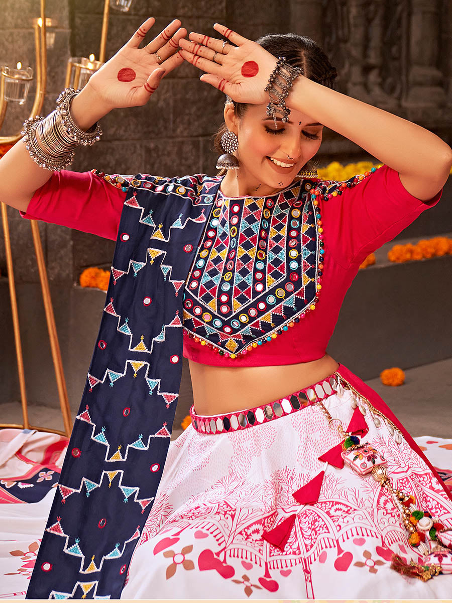 Myra White Rayon Embroidered Designer Navratri Special Lehenga