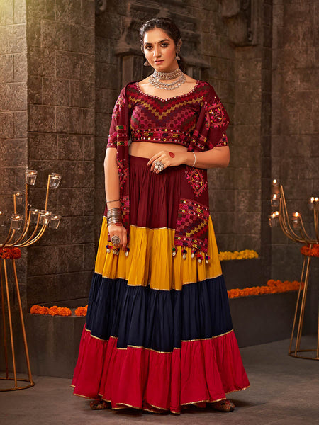 Myra Multicolour Rayon Embroidered Designer Navratri Special Lehenga
