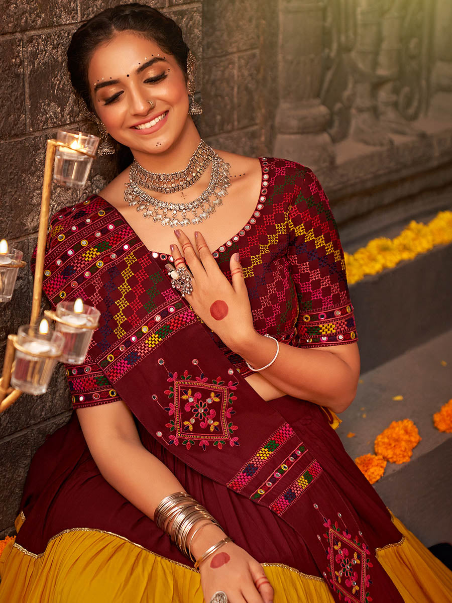 Myra Multicolour Rayon Embroidered Designer Navratri Special Lehenga