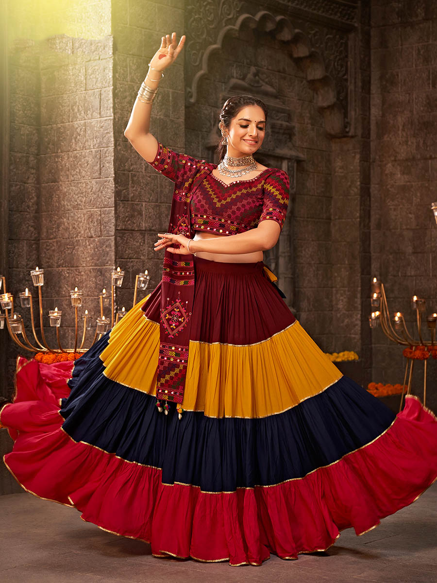Myra Multicolour Rayon Embroidered Designer Navratri Special Lehenga