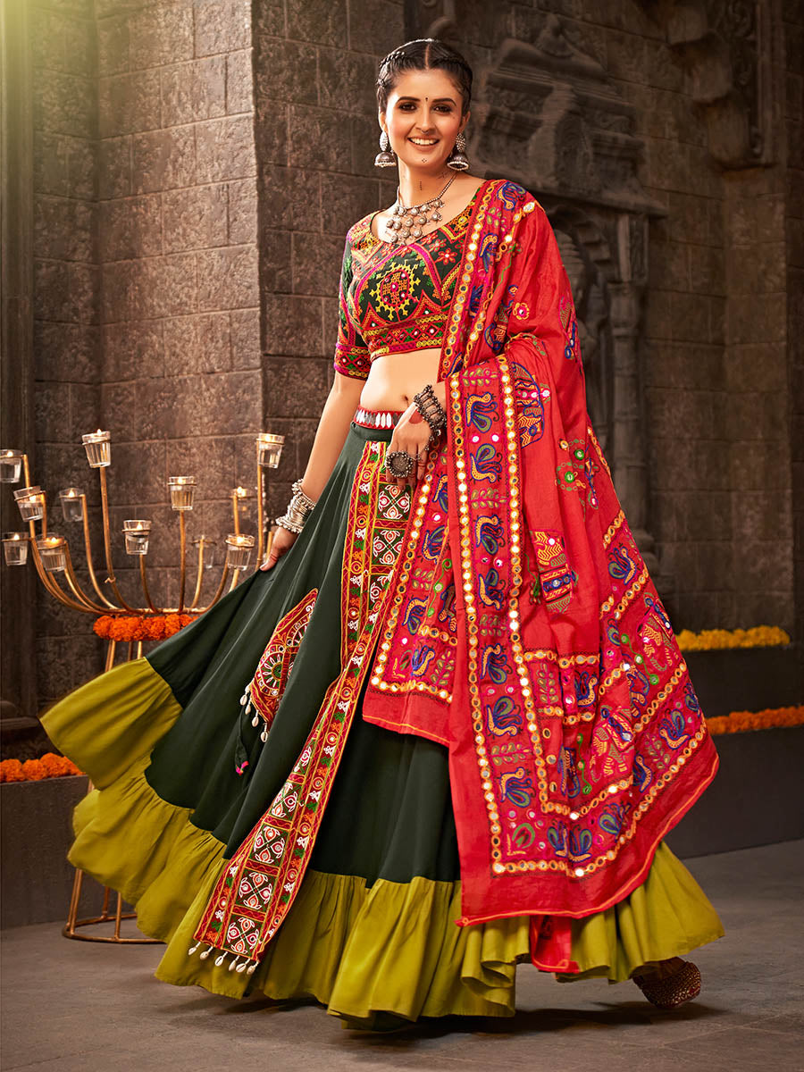 Myra Green Viscose Rayon Embroidered Designer Navratri Special Lehenga