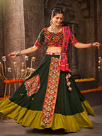 Myra Green Viscose Rayon Embroidered Designer Navratri Special Lehenga