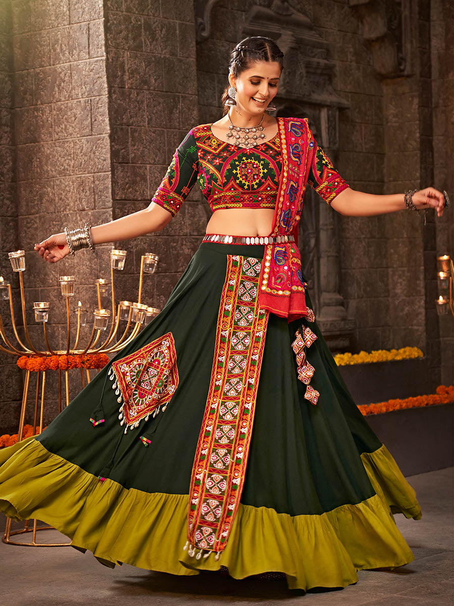 Myra Green Viscose Rayon Embroidered Designer Navratri Special Lehenga