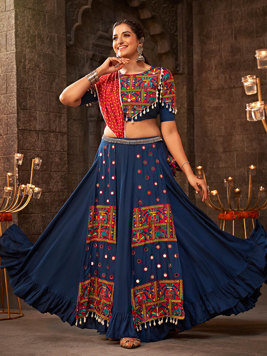 Myra Blue Viscose Rayon Embroidered Designer Navratri Special Lehenga