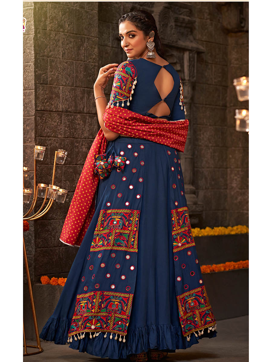 Myra Blue Viscose Rayon Embroidered Designer Navratri Special Lehenga