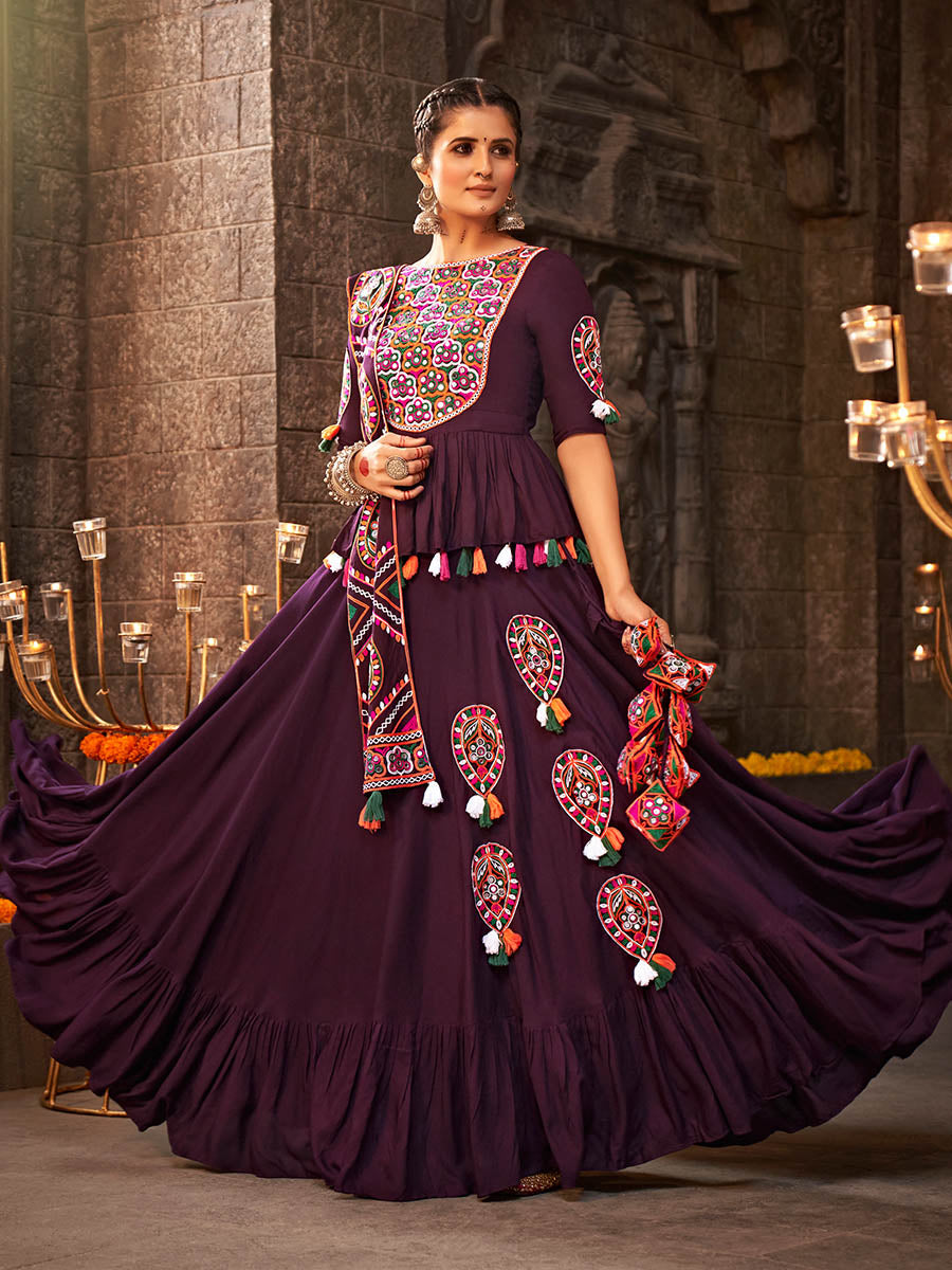 Myra Purple Viscose Rayon Embroidered Designer Navratri Special Lehenga