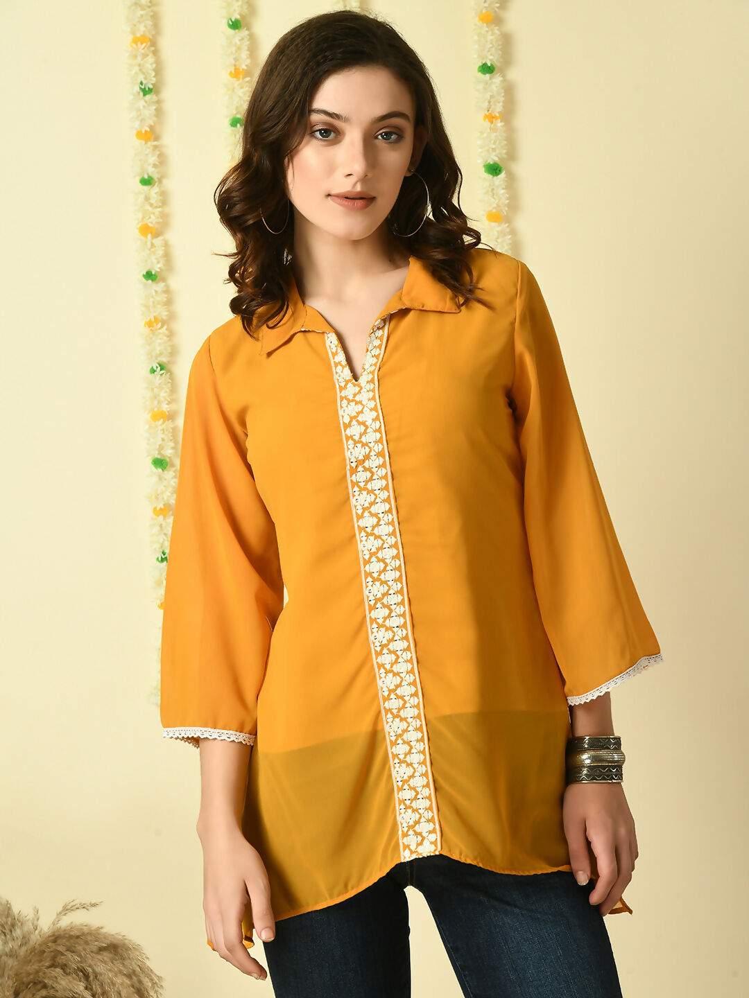 Myshka Women's Mustard Embroidered Party Fusion Top