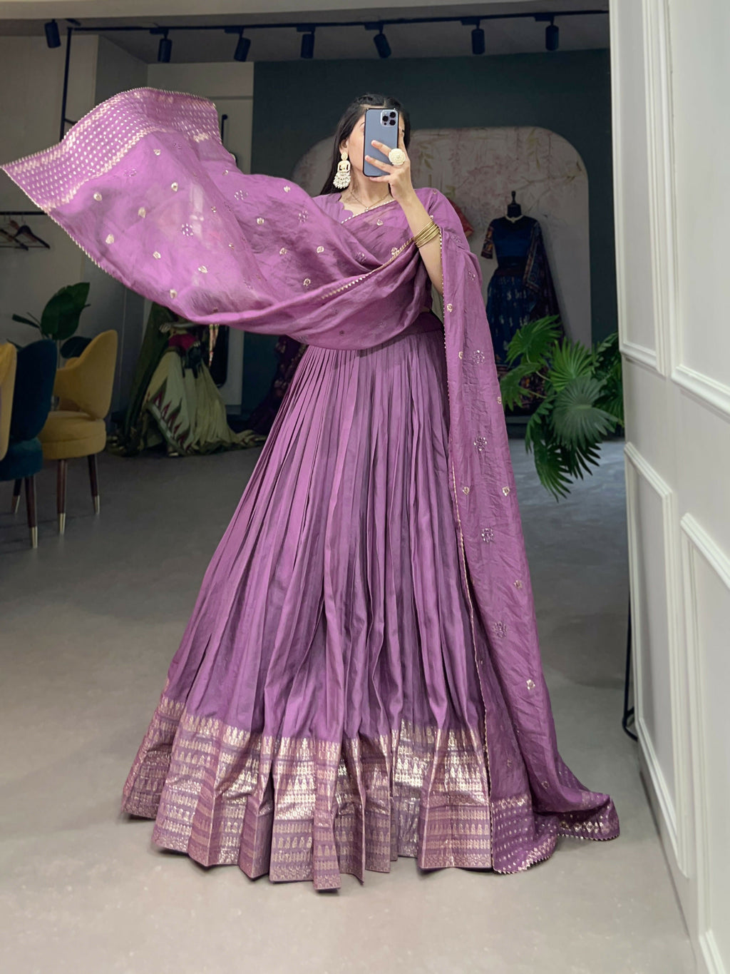 Lorenvalley Lavender Pure Chanderi Plain With Zari Weaving Work Border Lehenga Choli