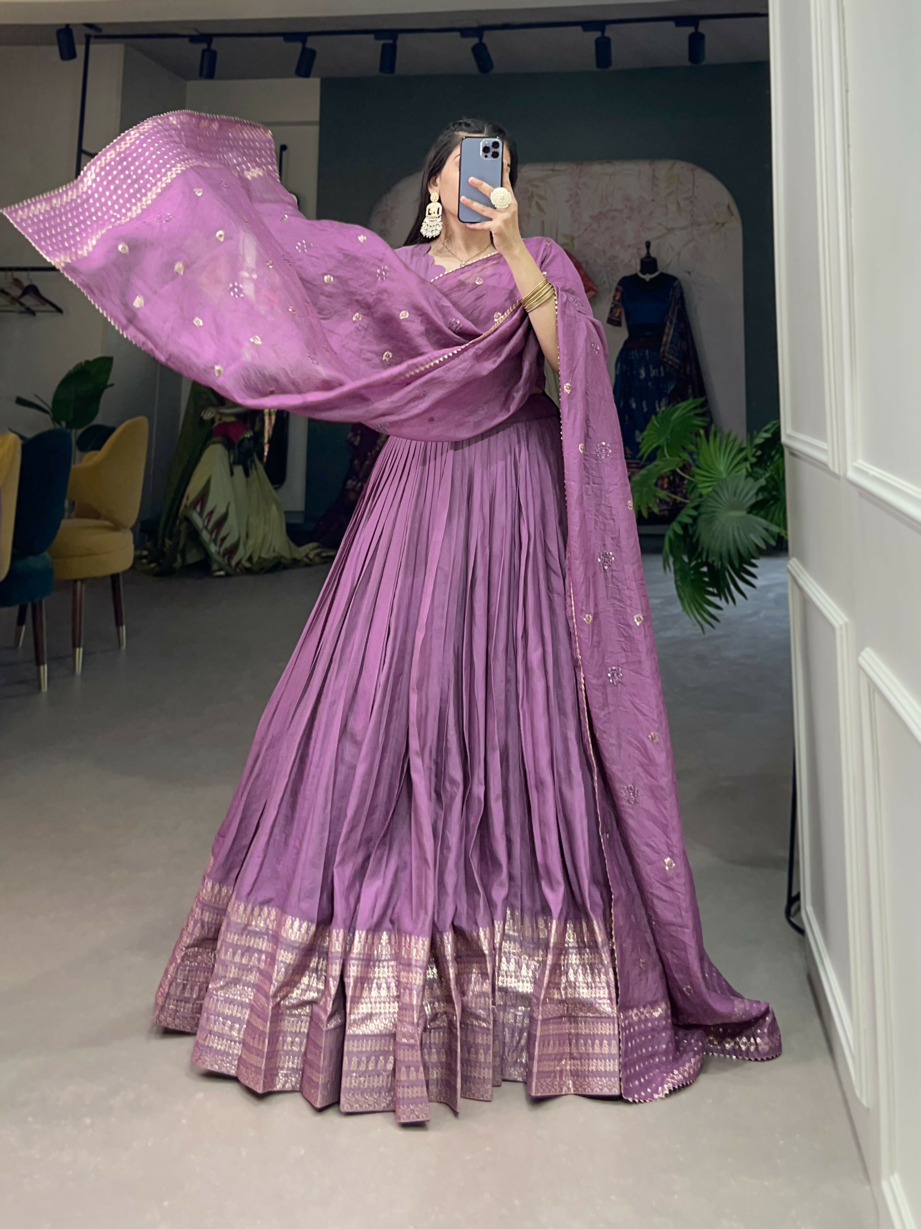 Lorenvalley Lavender Pure Chanderi Plain With Zari Weaving Work Border Lehenga Choli