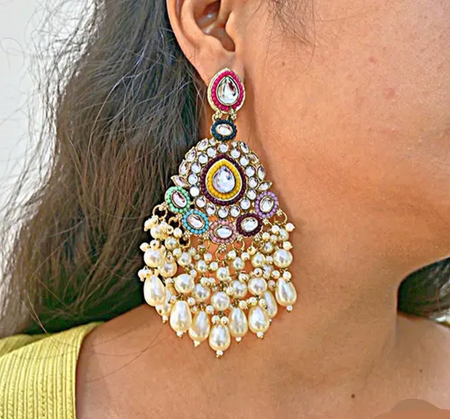 Jewel City Handcrafted Multicolor Kundan Pearl Chandbali Earrings | Traditional Ethnic Gold-Plated Indian Jewelry - Distacart