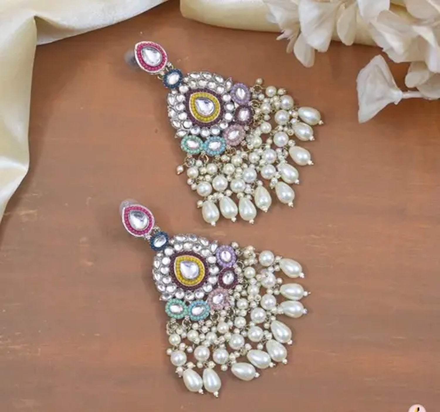Jewel City Handcrafted Multicolor Kundan Pearl Chandbali Earrings | Traditional Ethnic Gold-Plated Indian Jewelry - Distacart