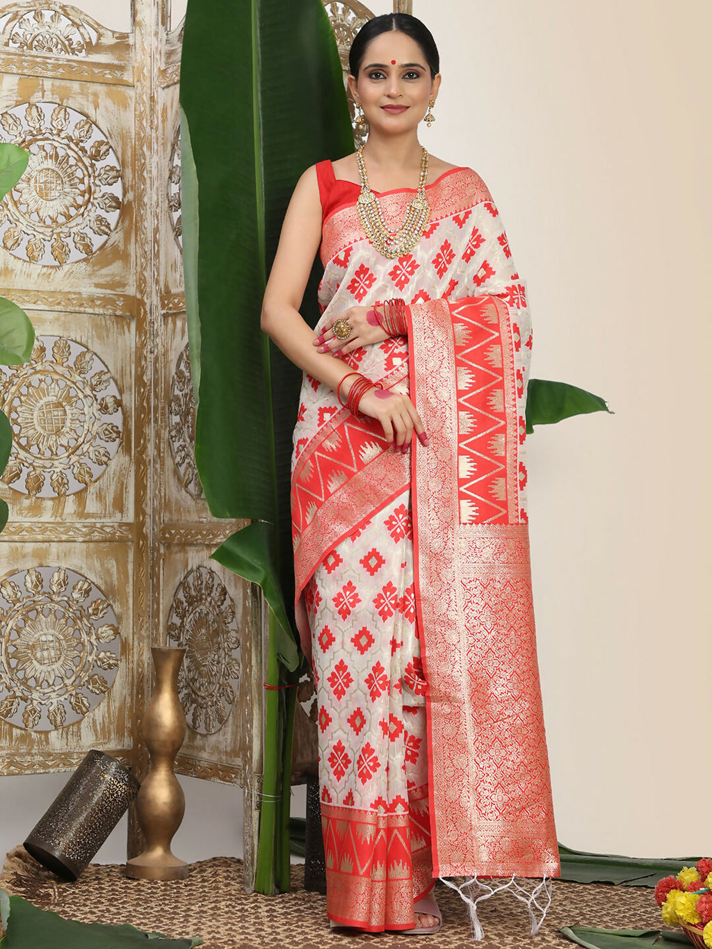 Shree Shyam Fashion Linen Cotton Red & White Saree - Distacart