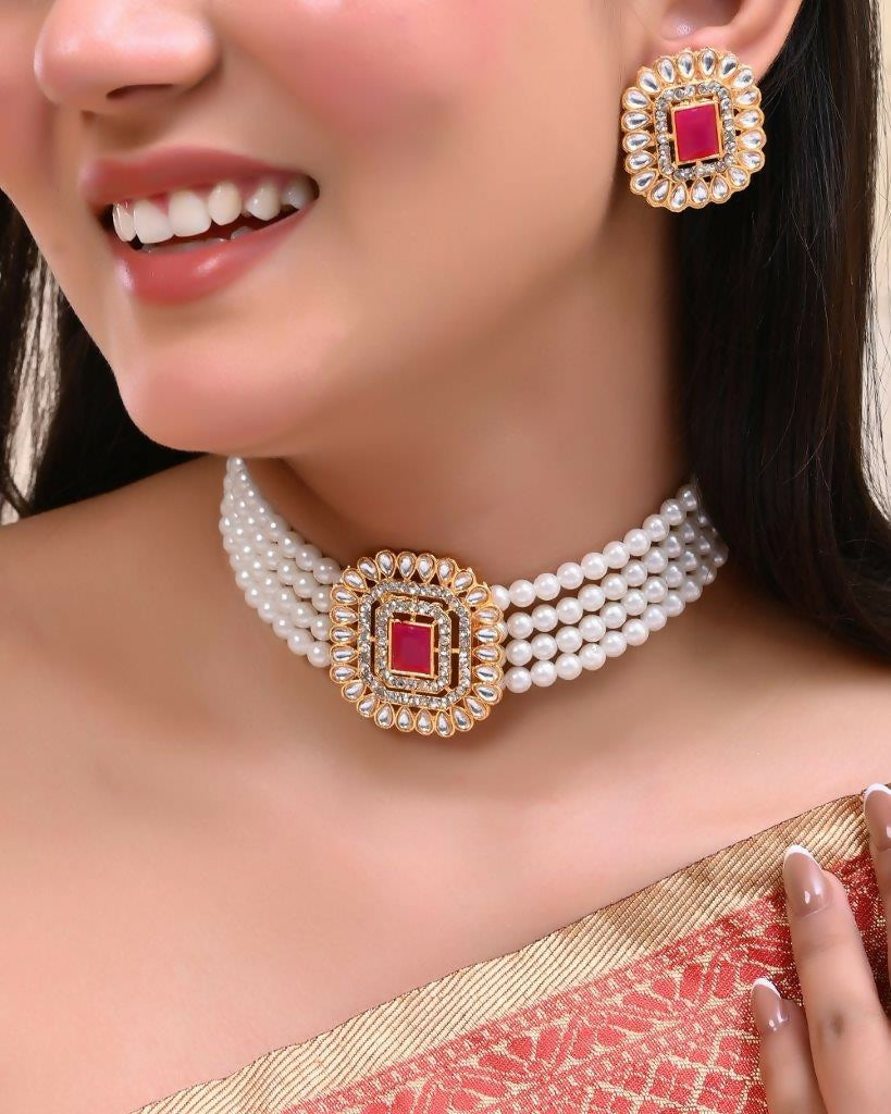 VOJ Gold-Polished Pearl And Pink Stone Choker with Earrings Set