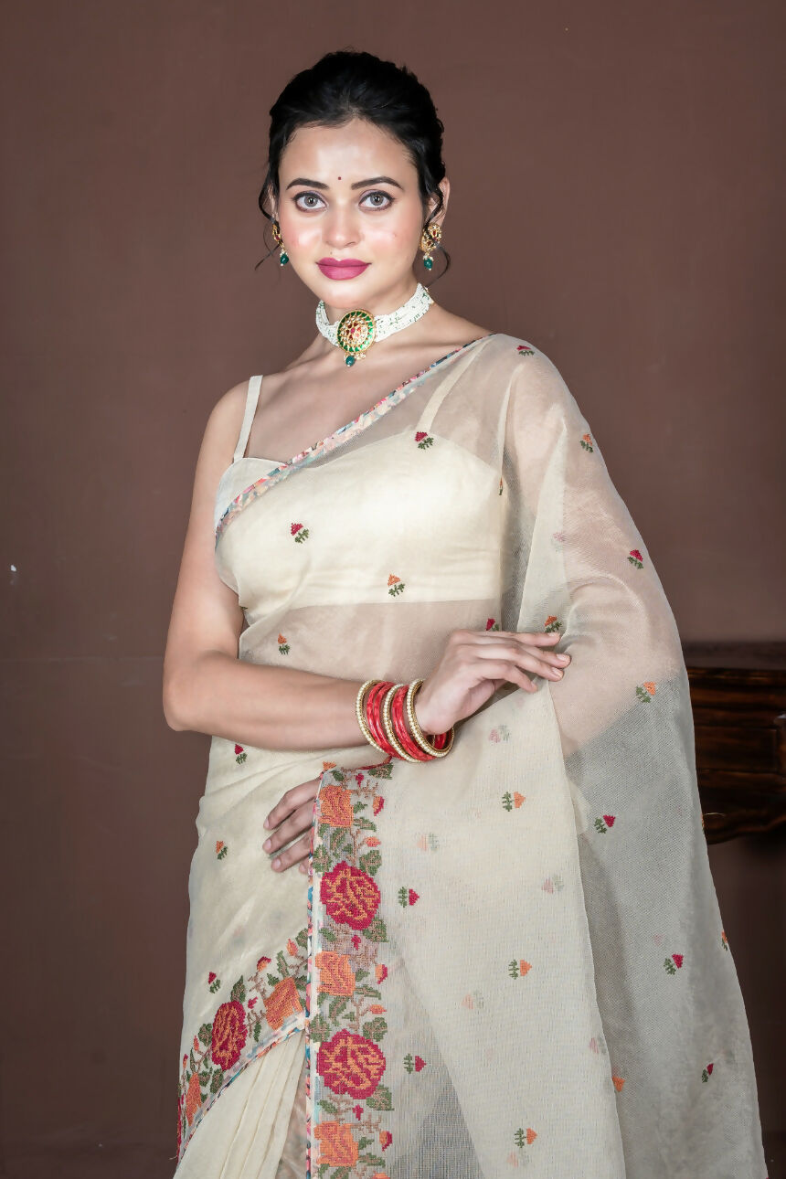 Morchari Beige Supernet Cross Embroidery Saree Unstitched Blouse - Distacart