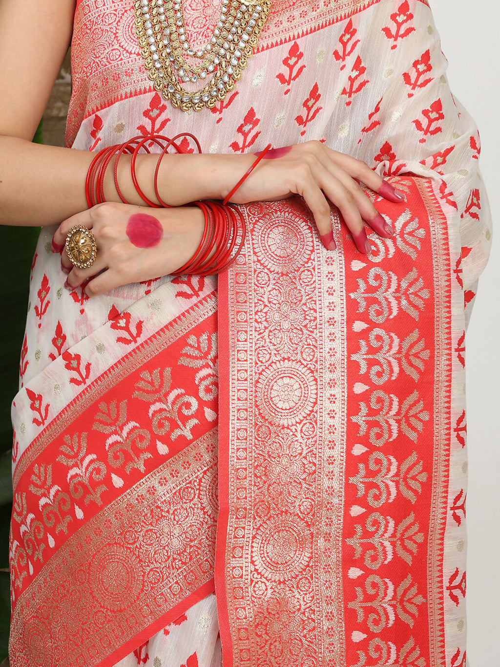 Shree Shyam Fashion Linen Cotton Red & White Saree - Distacart