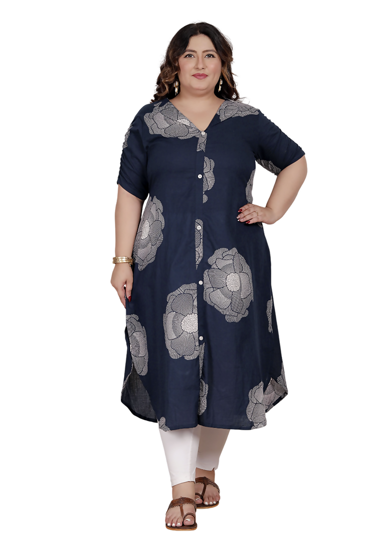 Miravan Womens Plus Size Blue Floral Printed Front Buttoned A-Line Kurta Dress
