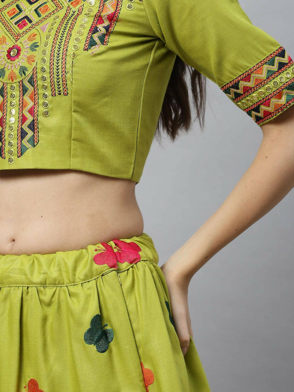 Green Cotton Embroidered Work Lehenga Choli with Dupatta - Jivika